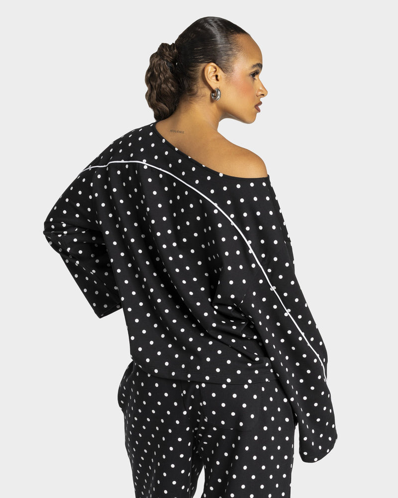 Haut à manches longues Off-Shoulder Contrastline « noir à pois »