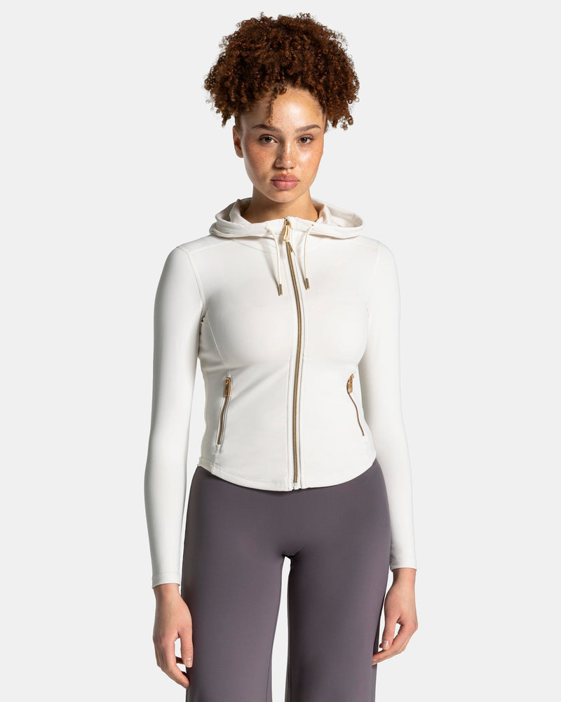 Veste de sport zippée sculptante à capuche Allrounder « blanc cassé / dorée »
