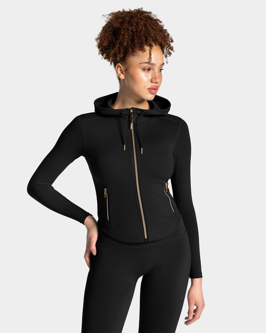 Veste de sport zippée sculptante à capuche Allrounder « noir/dorée »