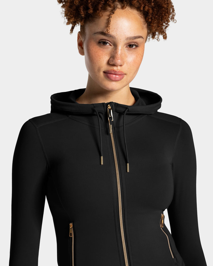 Veste de sport zippée sculptante à capuche Allrounder « noir/dorée »