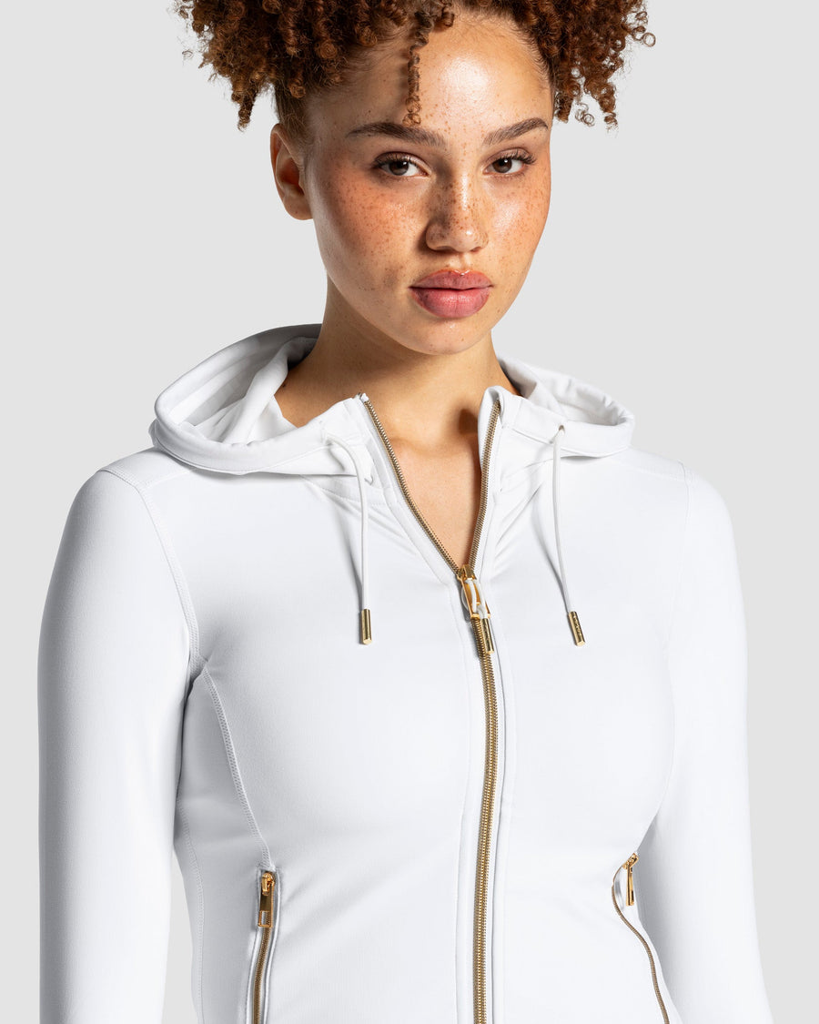 Veste de sport zippée sculptante à capuche Allrounder « blanc/dorée »