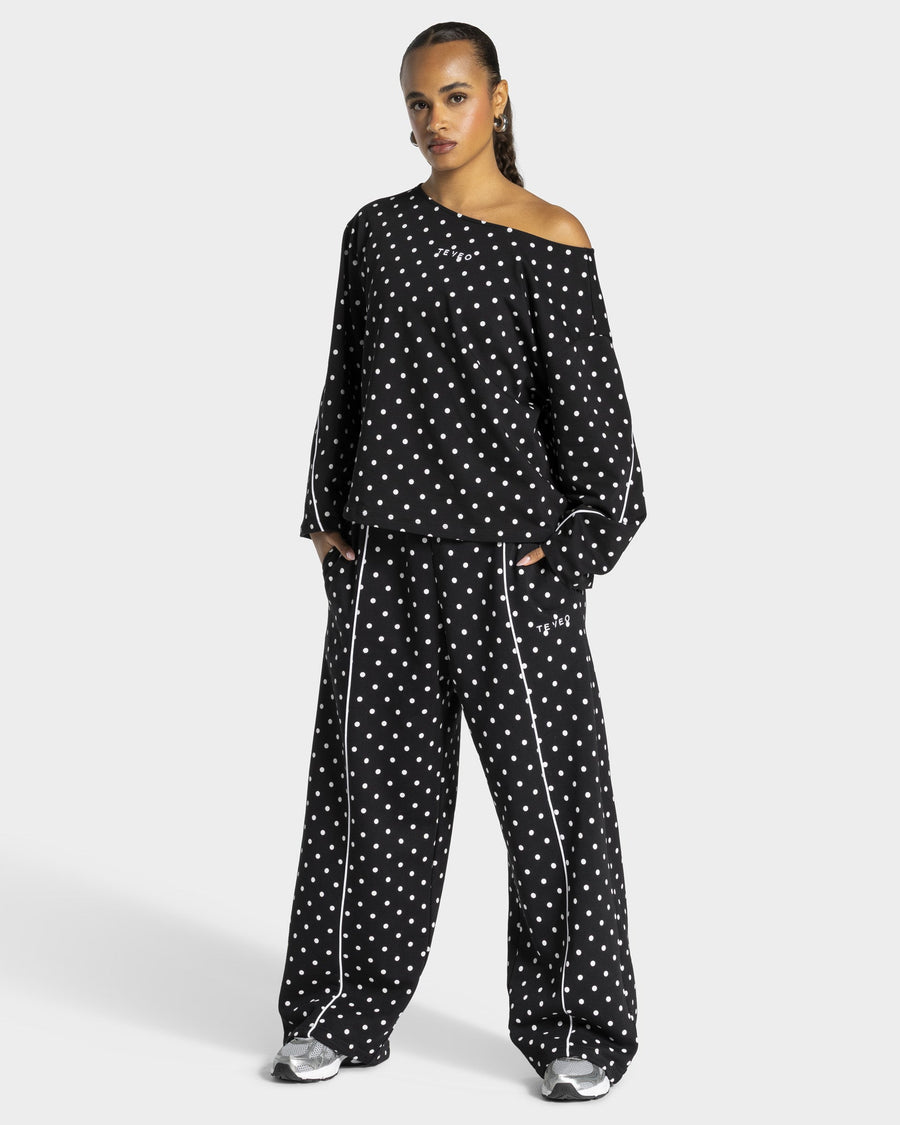 Haut à manches longues Off-Shoulder Contrastline « noir à pois »