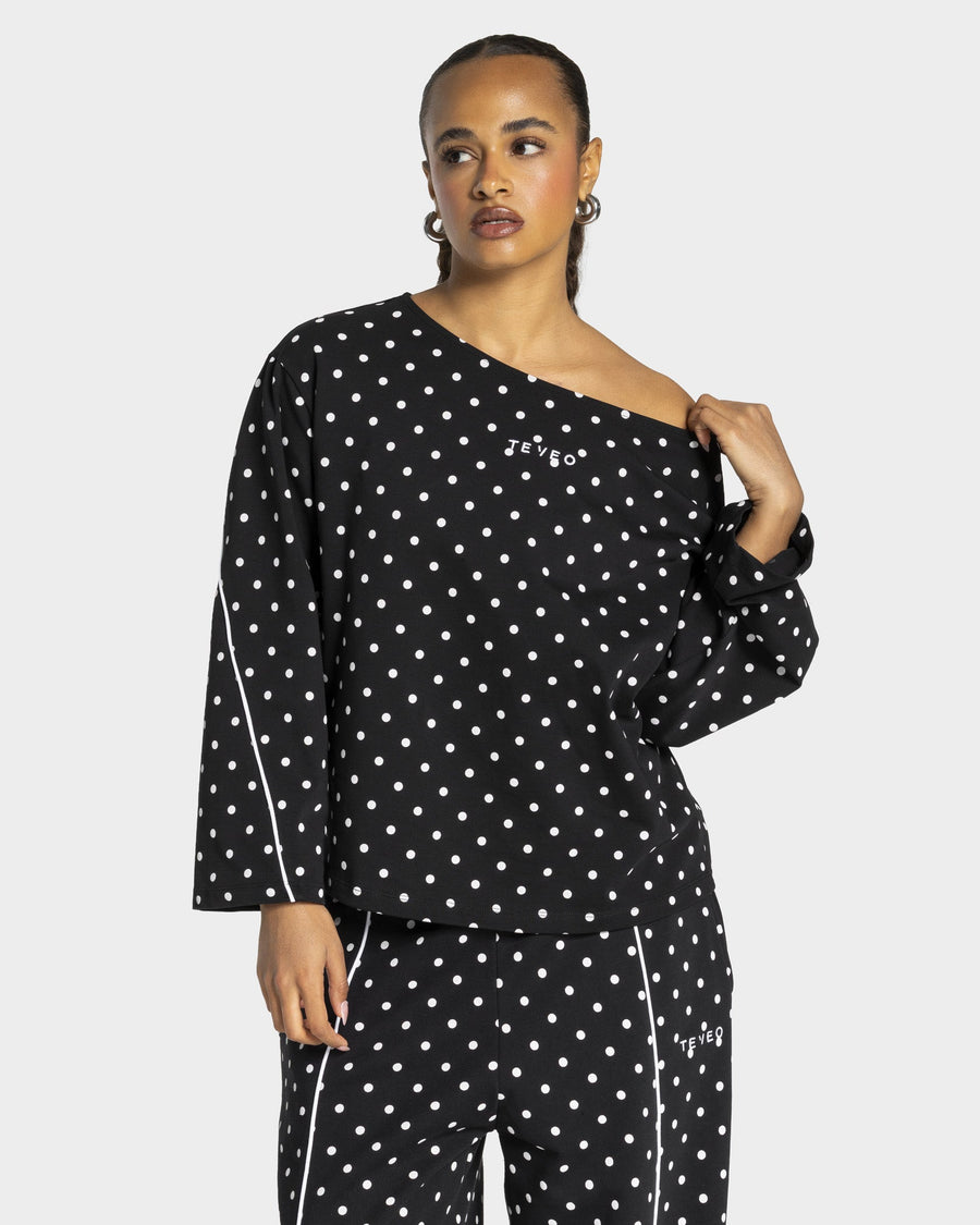 Haut à manches longues Off-Shoulder Contrastline « noir à pois »