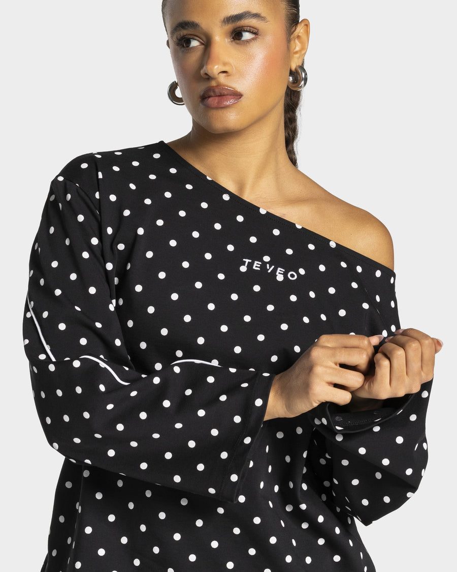 Haut à manches longues Off-Shoulder Contrastline « noir à pois »