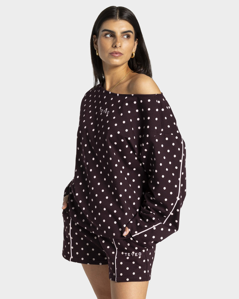 Haut à manches longues Off-Shoulder Contrastline « merlot à pois »