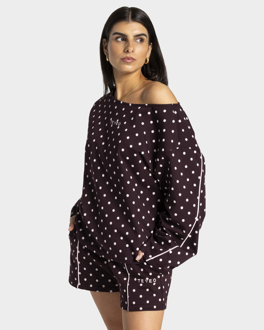 Haut à manches longues Off-Shoulder Contrastline « merlot à pois »