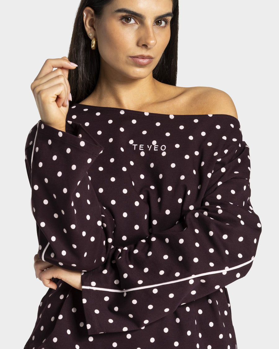 Haut à manches longues Off-Shoulder Contrastline « merlot à pois »