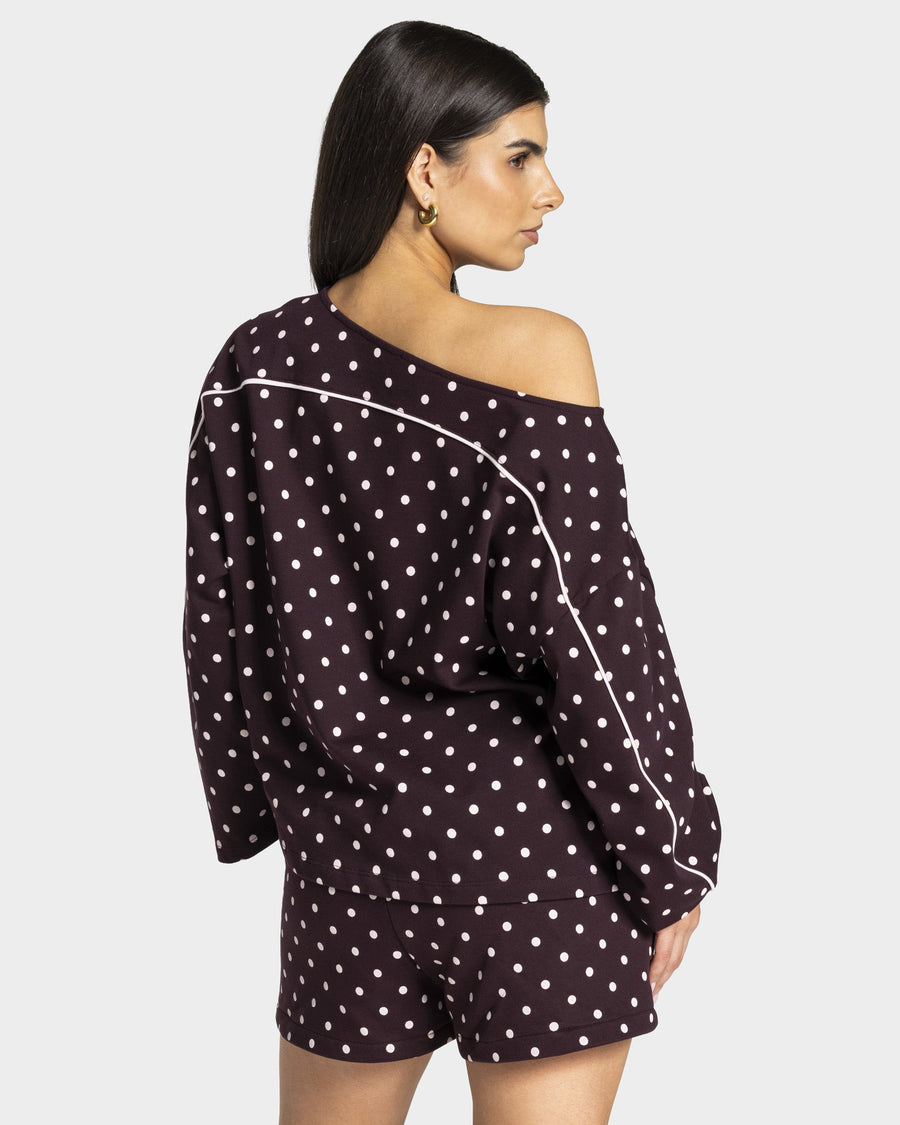 Haut à manches longues Off-Shoulder Contrastline « merlot à pois »