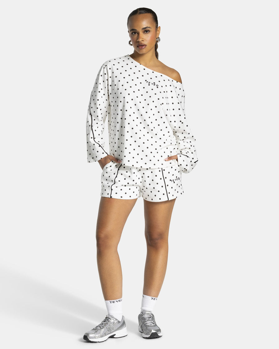 Haut à manches longues Off-Shoulder Contrastline « blanc à pois »