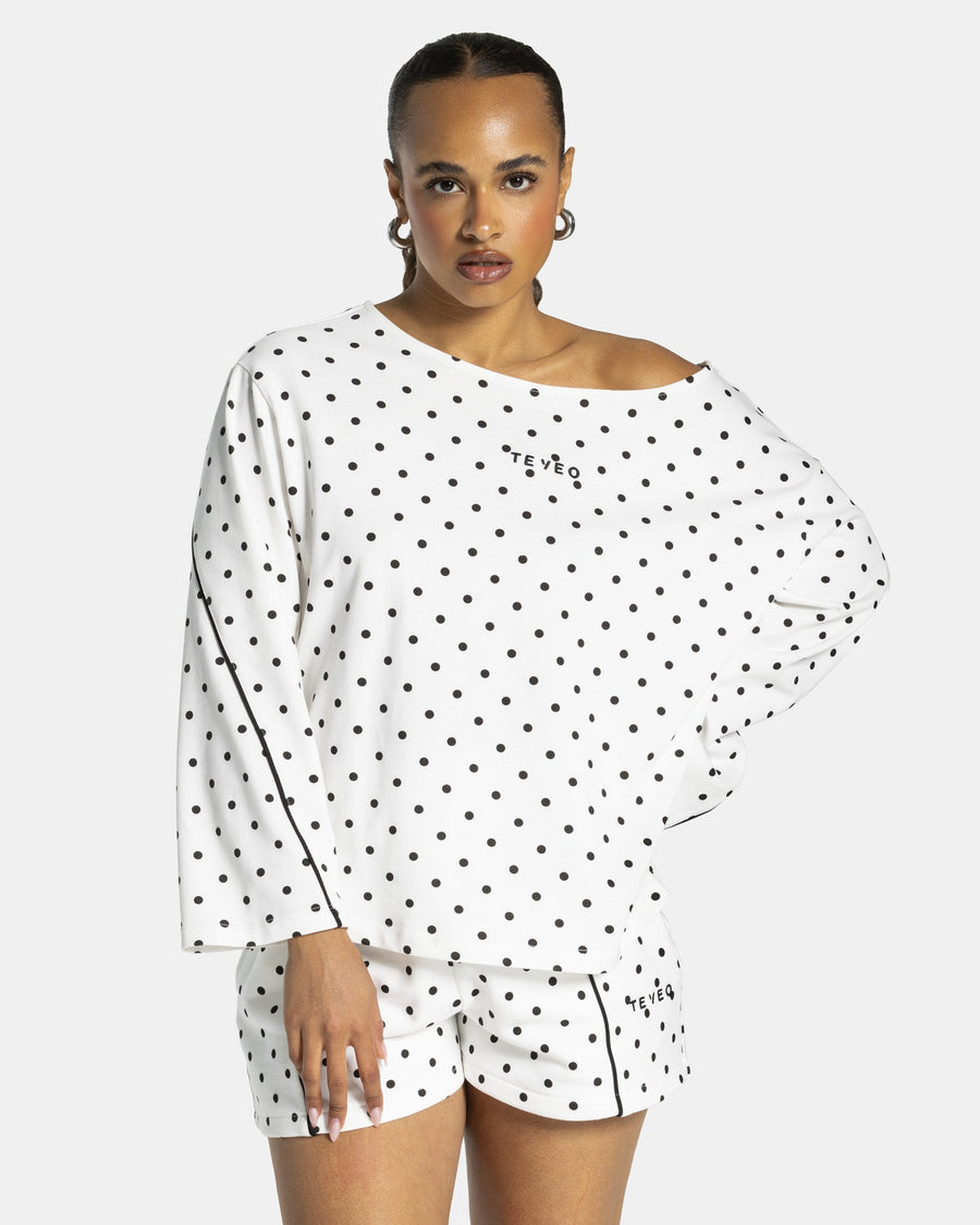 Haut à manches longues Off-Shoulder Contrastline « blanc à pois »