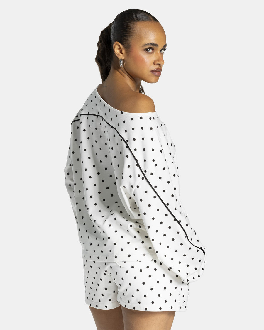 Haut à manches longues Off-Shoulder Contrastline « blanc à pois »