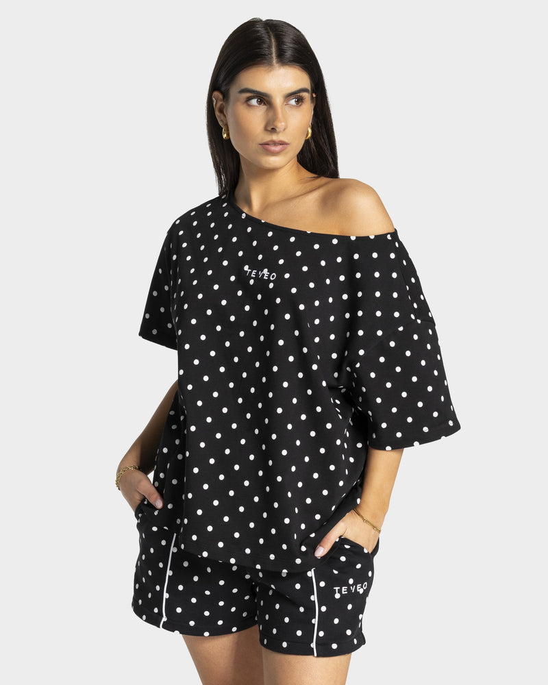 T-shirt Off-Shoulder Contrastline « noir à pois »