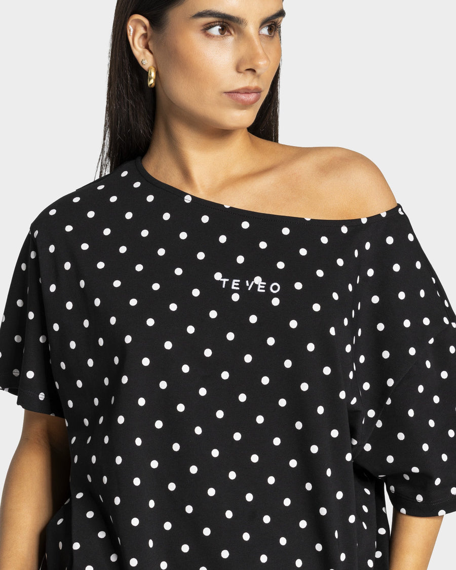 T-shirt Off-Shoulder Contrastline « noir à pois »