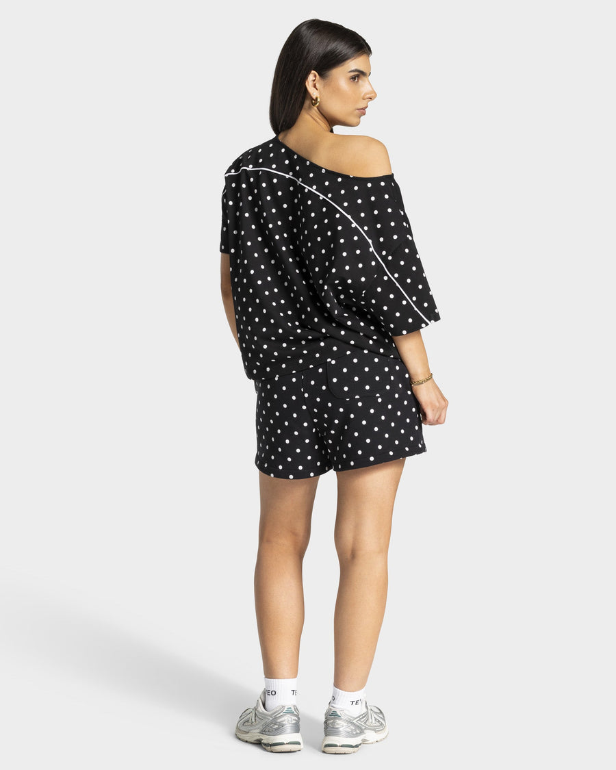 T-shirt Off-Shoulder Contrastline « noir à pois »