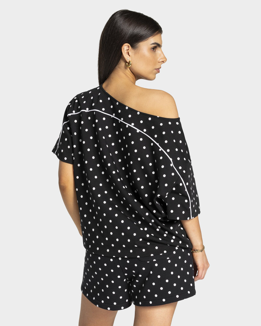 T-shirt Off-Shoulder Contrastline « noir à pois »