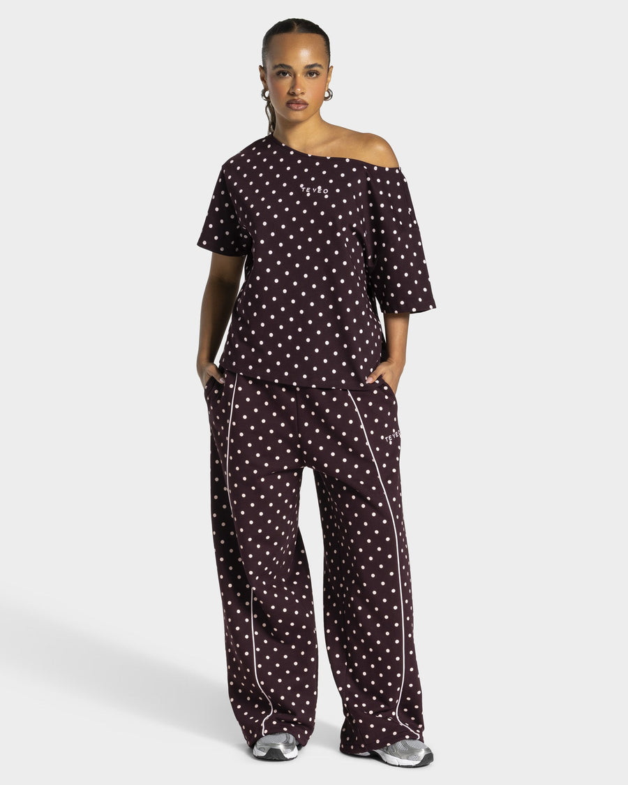 T-shirt Off-Shoulder Contrastline « merlot à pois »
