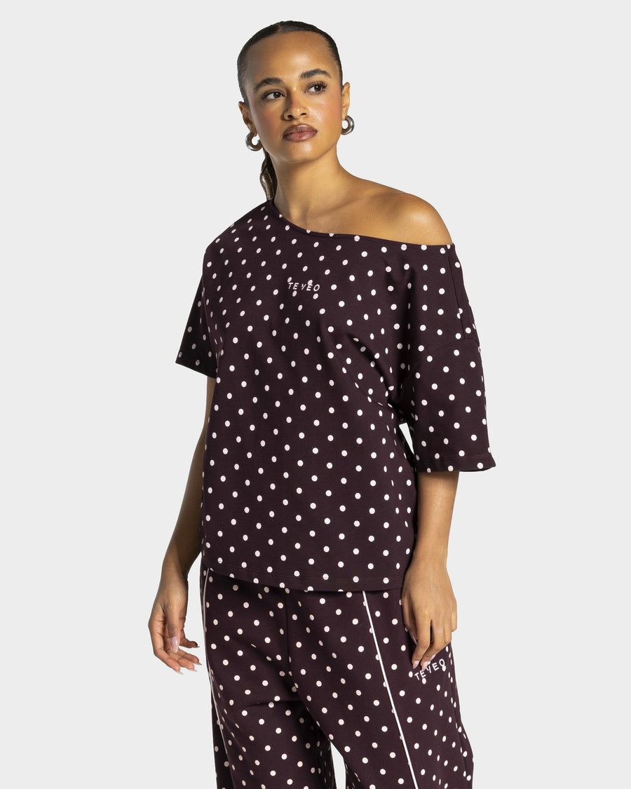 T-shirt Off-Shoulder Contrastline « merlot à pois »
