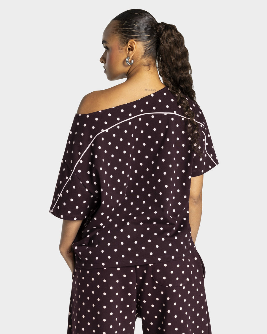 T-shirt Off-Shoulder Contrastline « merlot à pois »