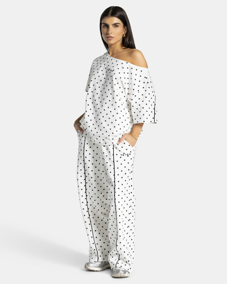 T-shirt Off-Shoulder Contrastline « blanc à pois »