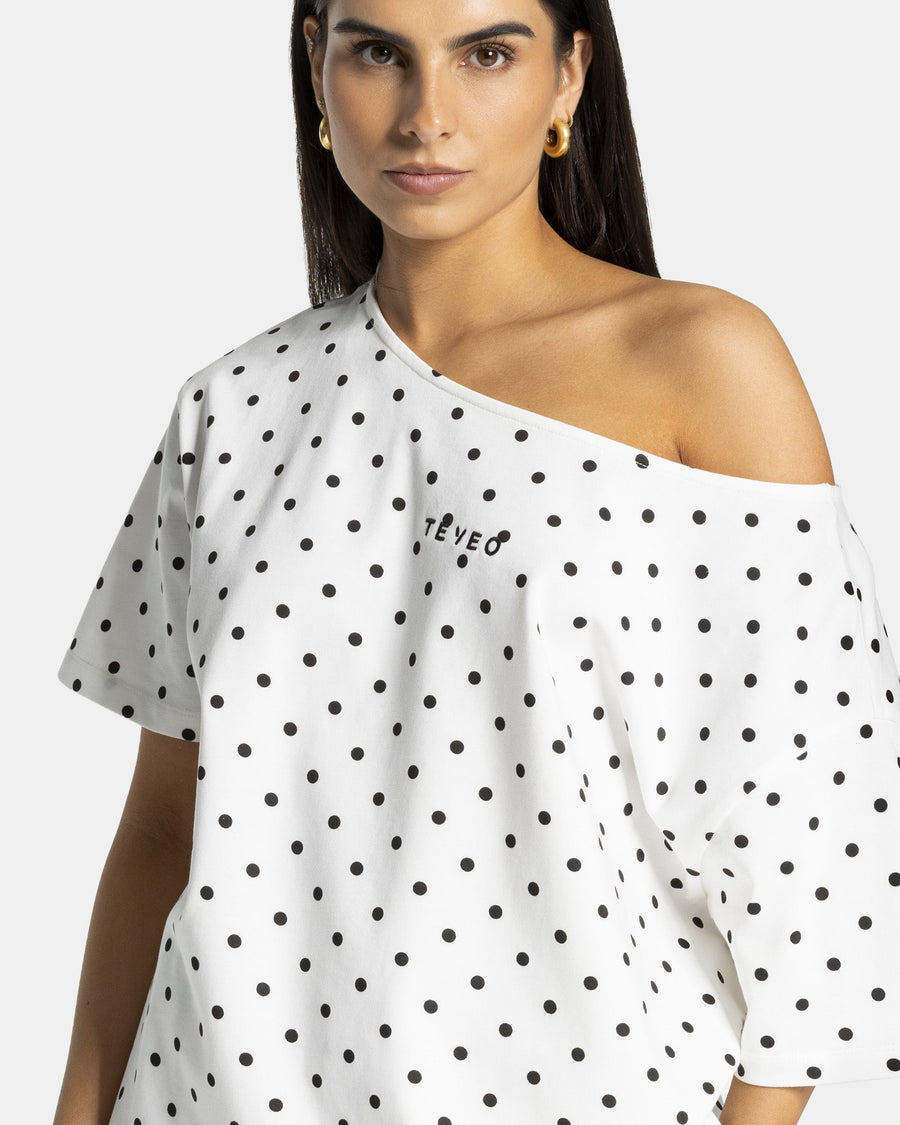 T-shirt Off-Shoulder Contrastline « blanc à pois »