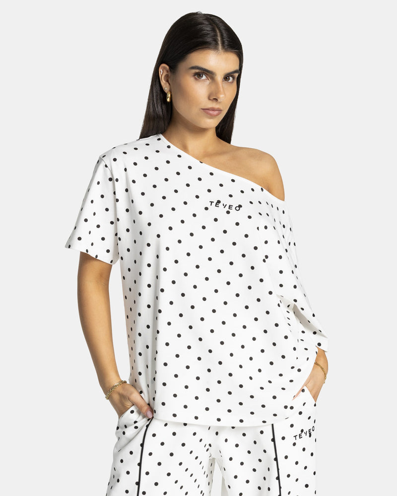 T-shirt Off-Shoulder Contrastline « blanc à pois »