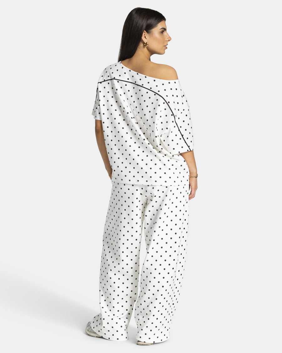 T-shirt Off-Shoulder Contrastline « blanc à pois »