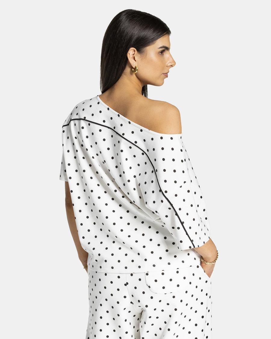 T-shirt Off-Shoulder Contrastline « blanc à pois »