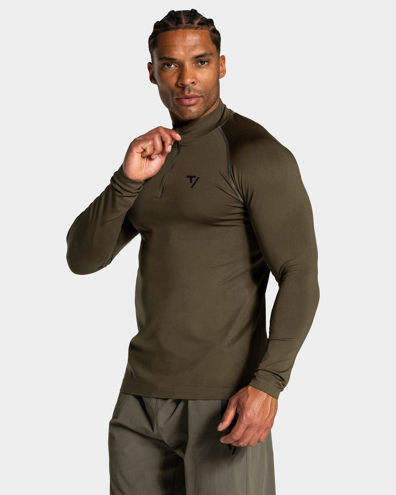 Haut à manches longues demi-zippé Workout sans coutures « Olive »