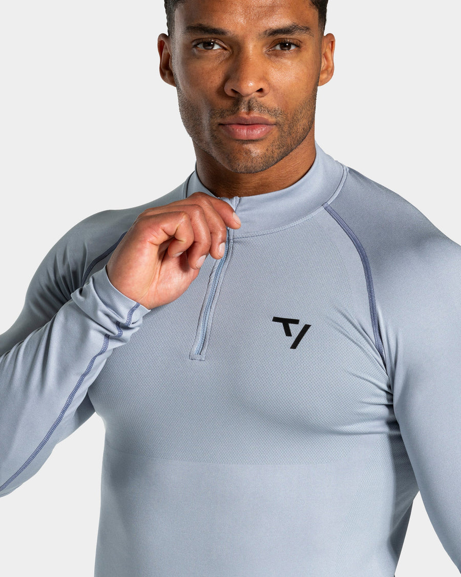 Haut à manches longues demi-zippé Workout sans coutures « bleu acier »